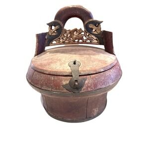Antique 19th Century Chinese Red Wedding Basket Food Basket , Bronze Fittings